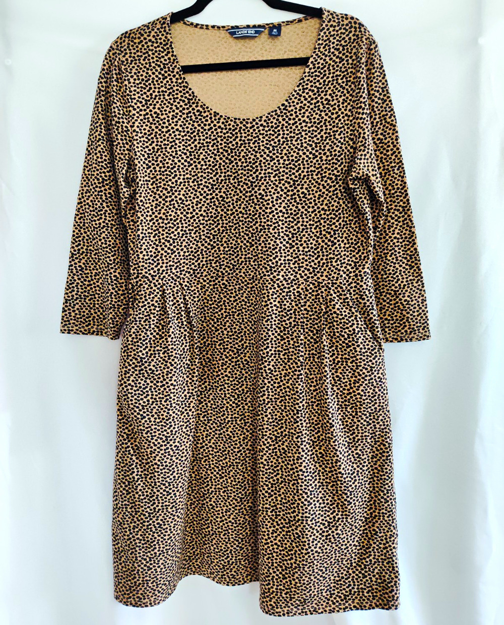 Lands' End Tan Black Polka Dot Knit Scoop Neck 3/4 Sleeve Knee Dress M